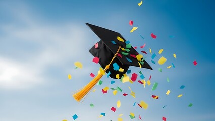 Graduation Cap Celebration with Confetti in Air.