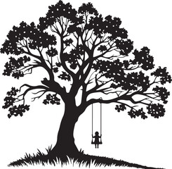 Child on swing under large tree silhouette vector isolated on white