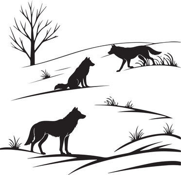 Wolf pack silhouettes in minimalist winter landscape with tree vector graphic.