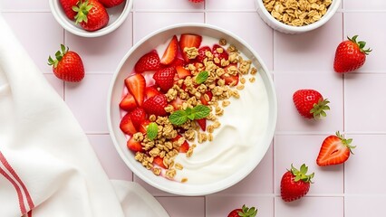 Delicious yogurt parfait with fresh strawberries and granola