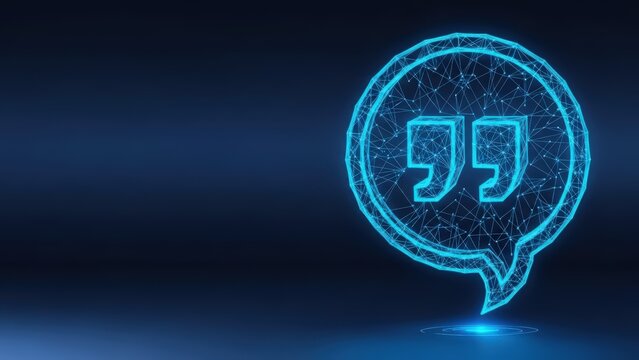 Glowing blue digital quotation mark symbol inside a speech bubble with abstract network connections on a dark background