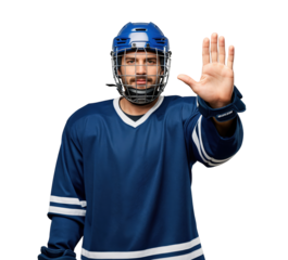 Young Male Hockey Player in Blue Jersey with Helmet Making Stop Gesture