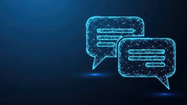 Two glowing digital speech bubbles representing communication and connection on a dark blue background