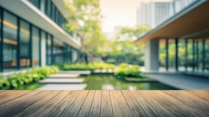 Modern office building exterior with eco-friendly garden and wooden deck terrace in blurred background