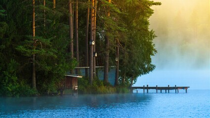 Misty morning on a serene lake with a wooden pier, forest boathouse, and birdhouses on pine trees