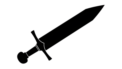 A black silhouette of a medieval sword isolated on transparent background with a round pommel