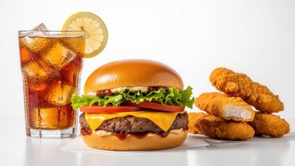 A food marketing commercial background with a mouthwatering burger, crispy chicken tenders, and a cold iced beverage on a bright white background for clean and modern branding.