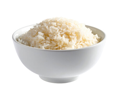 A bowl of fluffy white rice on a white background.