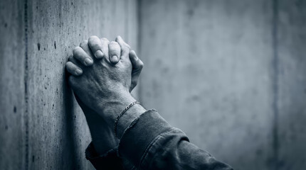 Distressed Person Clasping Hands Against Grungy Concrete Wall Expressing Despair and Sadness
