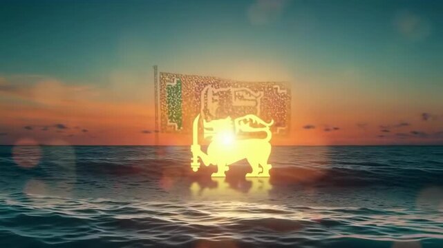 Sri lanka flag waving on sea with sun rising at dawn. Illustrates patriotism, national pride and symbolic representation of the country.