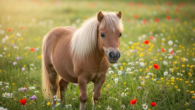 Miniature brown pony grazing in colorful flower meadow at sunrise - Powered by Adobe