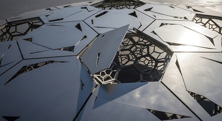 Abstract geometric dome structure with metallic panels and honeycomb design