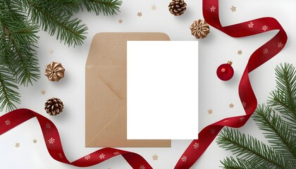 Christmas holiday stationery mockup with a blank card, kraft envelope, red satin ribbon, and pine cones on a clean white background,  Mockup , Valentine's Day Flat Lay 