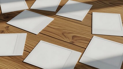 White cards on wooden table top view.