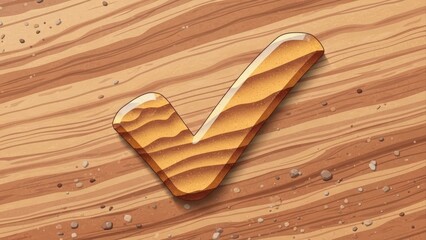 Wooden Check Mark Symbol on Textured Wood Background.