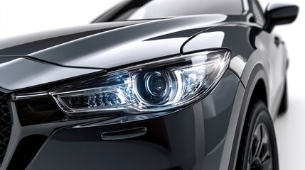 Fototapeta premium Close-up of a sleek, dark-colored car's front, highlighting the headlamp's intricate design and glossy surface. The perspective draws attention to details