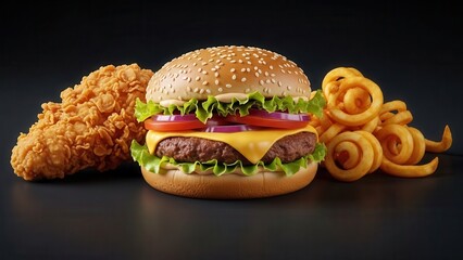A limited time offer food display with a classic cheeseburger, crispy fried chicken, and golden curly fries on a solid black background for a premium feel.