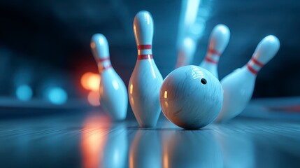 Close-up of bowling pins and ball. A ball nearly strikes the pins on a lane with blue and orange blurred lighting