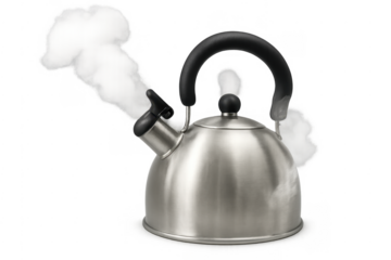 Stainless steel tea kettle boiling, releasing steam from spout and lid