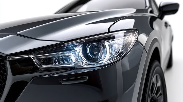 Close-up of a sleek, dark-colored car's front, highlighting the headlamp's intricate design and glossy surface. The perspective draws attention to details