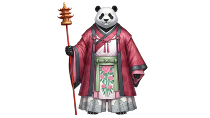 A panda dressed in traditional chinese attire holding a ceremonial staff isolated on transparent background with cultural significance