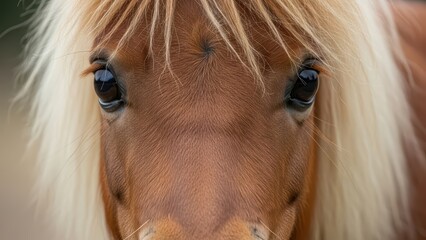 Close-up of a brown pony's face with white blonde mane and expressive eyes
