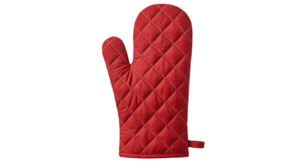 Red quilted oven mitt in vibrant color with diamond pattern on white background for kitchenware