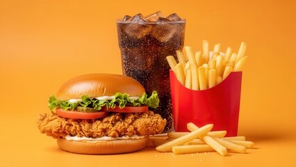 A combo meal concept featuring a crispy fried chicken sandwich, golden fries, and a refreshing soft drink on a bold orange background for restaurant advertising.