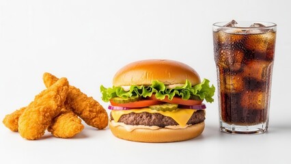 A food and beverage commercial background with a classic burger, crispy chicken tenders, and a cold iced drink on a bright white background for clean branding.