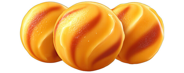Three orange ice cream balls on a plain white background viewed from the front