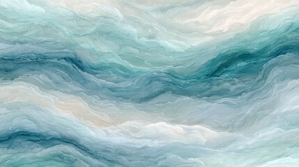 Abstract fluid artwork with flowing waves in shades of blue, teal, and cream, creating a soft, ethereal landscape texture