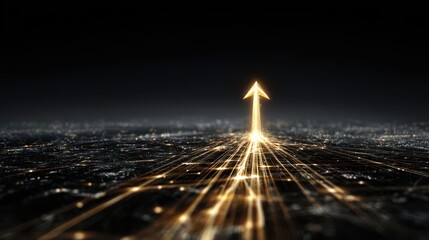 Golden glowing arrow pointing upwards from a digital city network connection