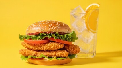 A seasonal food campaign with a crispy chicken tender burger, fresh lettuce and tomato, and a cold iced beverage on a bright yellow background for limited time offers.