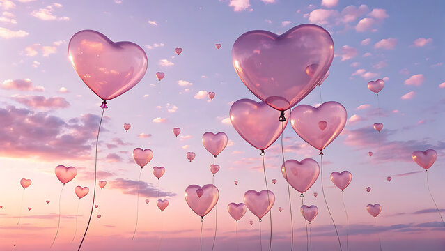 Numerous translucent pink heart-shaped balloons float upwards against a pastel sky at sunset, romance