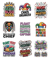 Naklejka premium Mardi Gras themed cartoon logos with text and illustrations Keywords: Mardi Gras, carnival