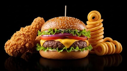 A limited time offer food campaign with a premium cheeseburger, crispy fried chicken, and golden curly fries on a solid black background for a sleek and modern look.