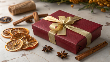 Elegant Red Gift Box with Gold Ribbon, Dried Orange Slices, Cinnamon Sticks, and Star Anise for Festive Occasions