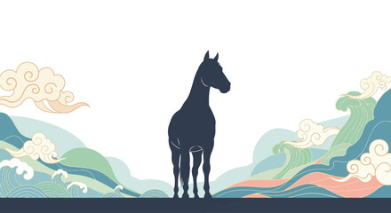 A stylized illustration of a dark horse silhouette standing amidst traditional Asian-inspired clouds and flowing waves in serene colors.