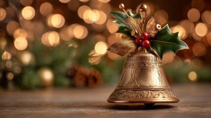 Close-up of a decorative golden bell adorned with festive accents, set against a blurred background of warm, twinkling lights and greenery
