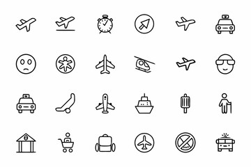 A sleek collection of minimalist line art icons featuring aviation and airport transportation elements.