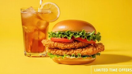 A seasonal food campaign with a crispy chicken tender burger, fresh lettuce and tomato, and a cold iced beverage on a bright yellow background for limited time offers.