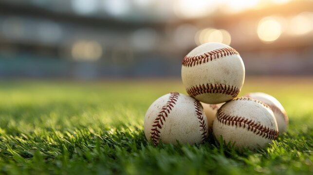 Close-up of baseballs stacked atop green turf, bathed in warm sunlight with stadium in soft focus - Powered by Adobe