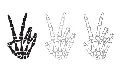 Obraz premium Skeleton hand peace sign vector icons set, anatomical victory gesture in silhouette and outline style