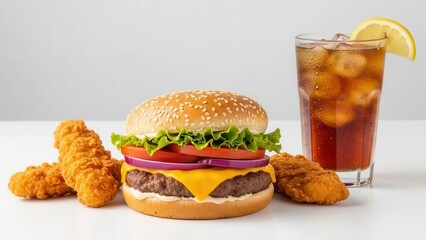 A food and beverage commercial background with a classic burger, crispy chicken tenders, and a cold iced drink on a bright white background for clean branding.
