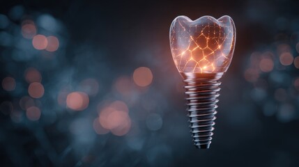 Futuristic Dental Implant with Glowing Amber Neural Pattern on Dark Bokeh Background