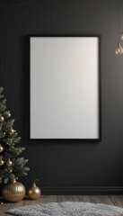 Christmas Poster Mockup with Blank White Frame next to Decorated Tree on Dark Wall,  Mockup , Valentine's Day Flat Lay 