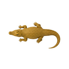 Detailed overhead shot of a realistic textured golden crocodile toy.