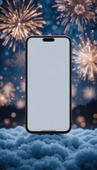 Smartphone Mockup with Blank White Screen in Snow with Blue Fireworks Background,  Mockup , Valentine's Day Flat Lay 