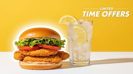 A seasonal food campaign with a crispy chicken tender burger, fresh lettuce and tomato, and a cold iced beverage on a bright yellow background for limited time offers.
