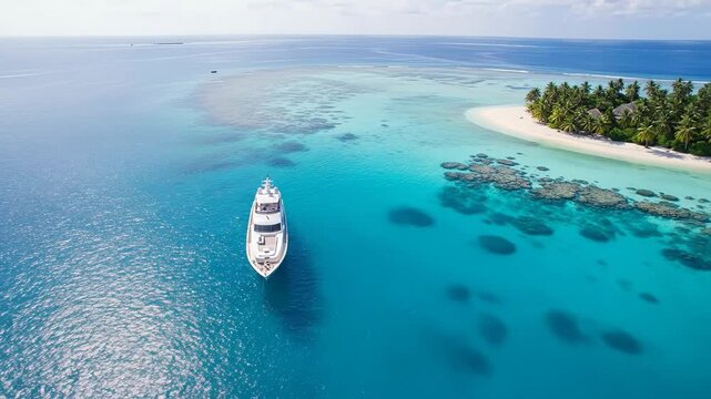 Luxury Yacht Anchored in Tropical Paradise Island Lagoon.